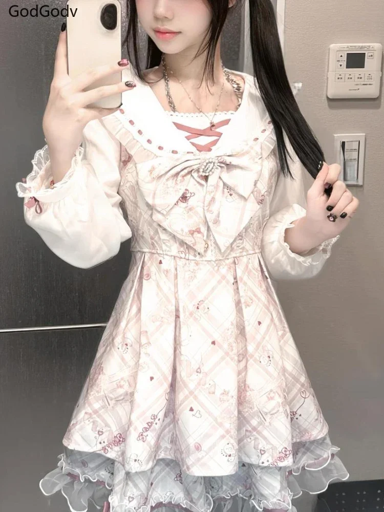 2025 Japanese Sweet Lolita Kawaii Dress Women Spring Printed Bow Fake Two Piece Dress Female Korea Style Design Party Clothing - Image 2