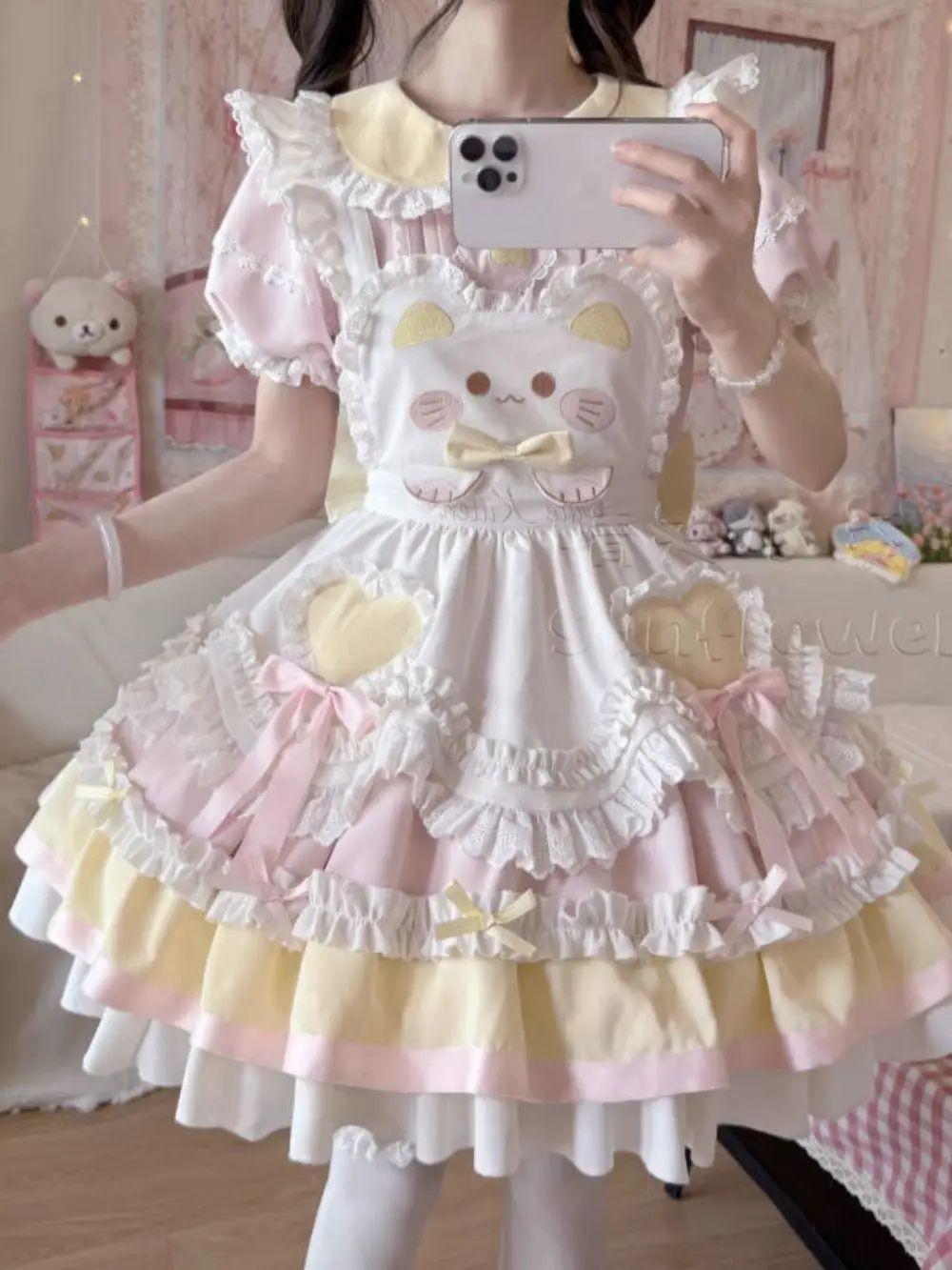 2025 Japanese Sweet Lolita Kawaii Dress Women Spring Printed Bow Fake Two Piece Dress Female Korea Style Design Party Clothing - Image 6