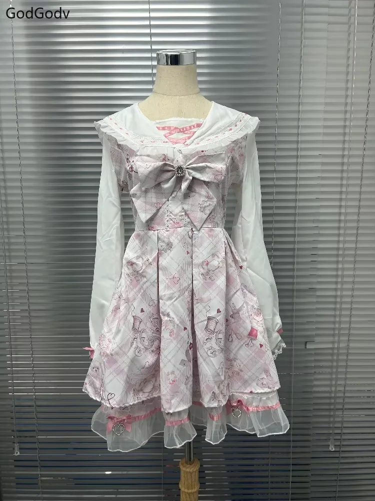 2025 Japanese Sweet Lolita Kawaii Dress Women Spring Printed Bow Fake Two Piece Dress Female Korea Style Design Party Clothing - Image 3