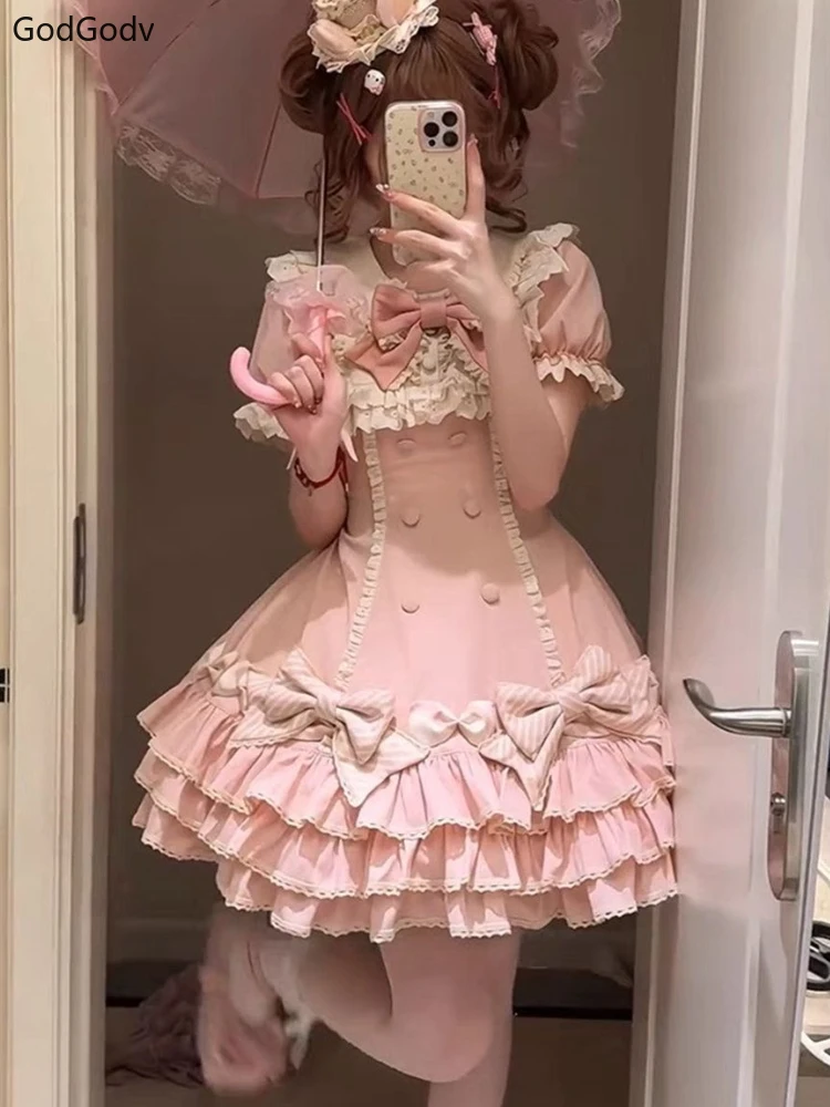 2025 Japanese Sweet Lolita Kawaii Dress Women Spring Printed Bow Fake Two Piece Dress Female Korea Style Design Party Clothing - Image 4